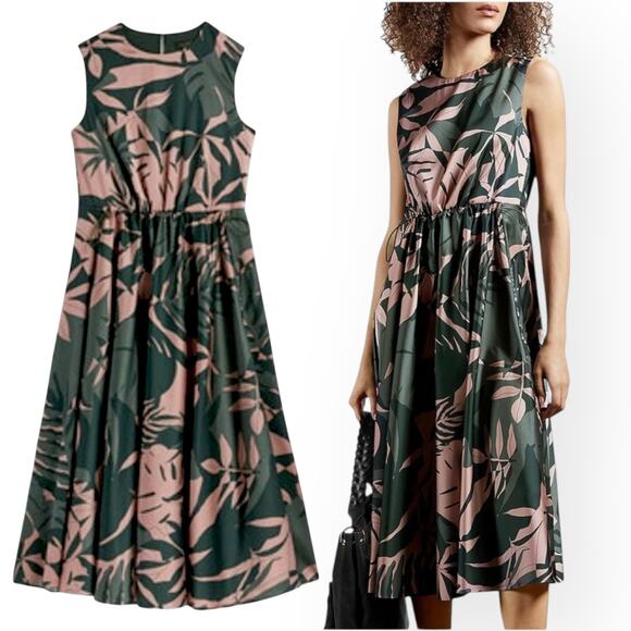TED BAKER Dagny Palm Leaf Print Dress Midi Drawcord Garden Brunch Party Wedding - Picture 1 of 13